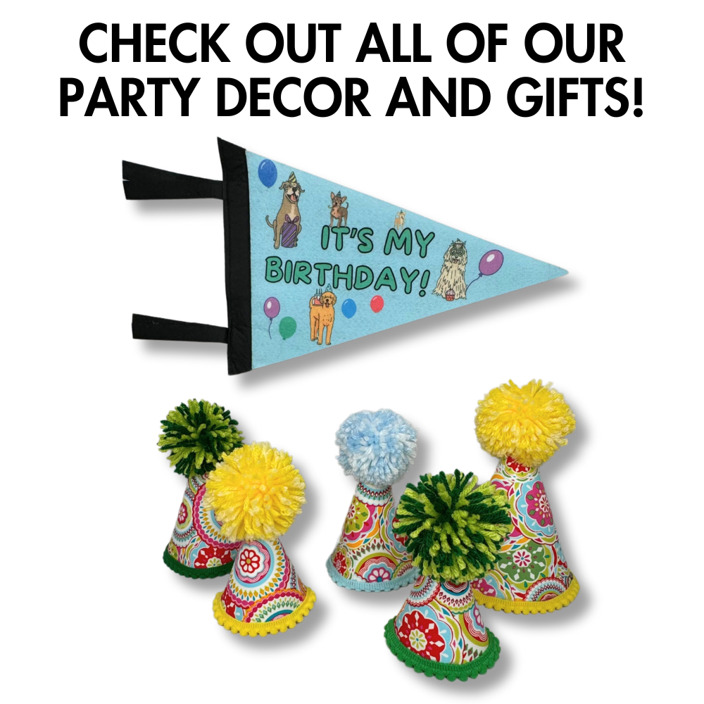 party hats with a felt dog birthday pennant behind