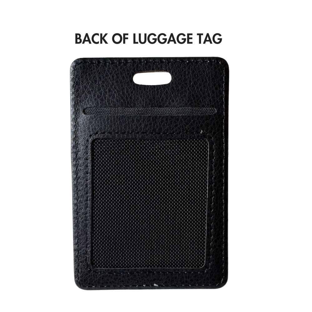 Backside of faux leather luggage tag.
