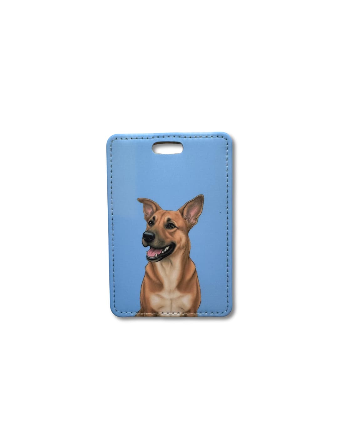 Black Mouth Cur luggage tag on sky blue background with illustrated BMC dog portrait