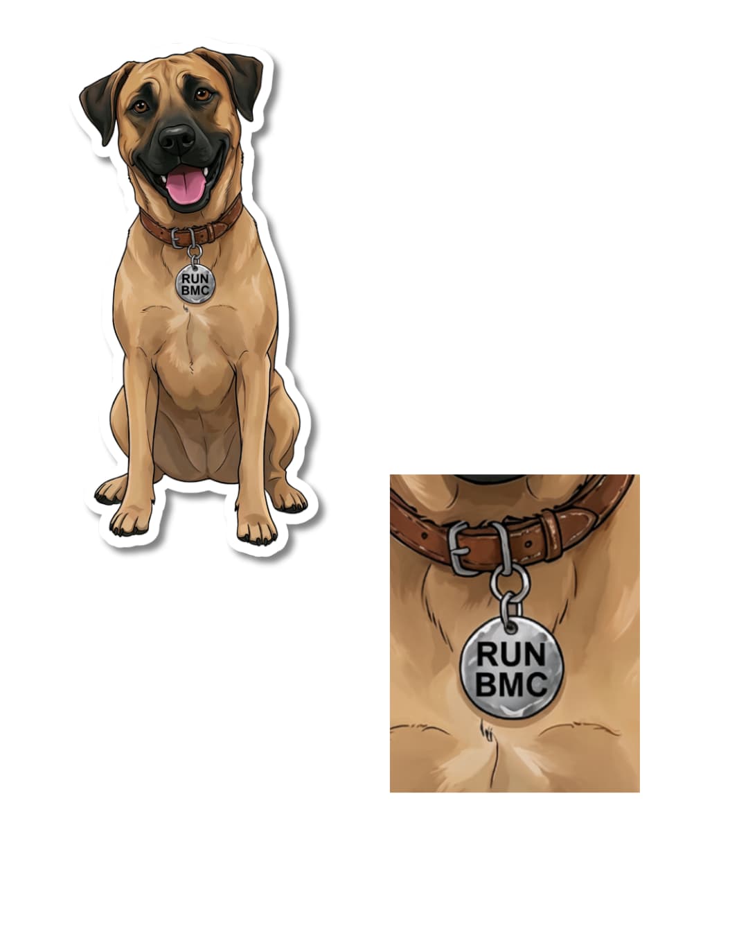 black mouth cur funny dog sticker RUN BMC collar tag close up of dog collar tag reading RUN BMC
