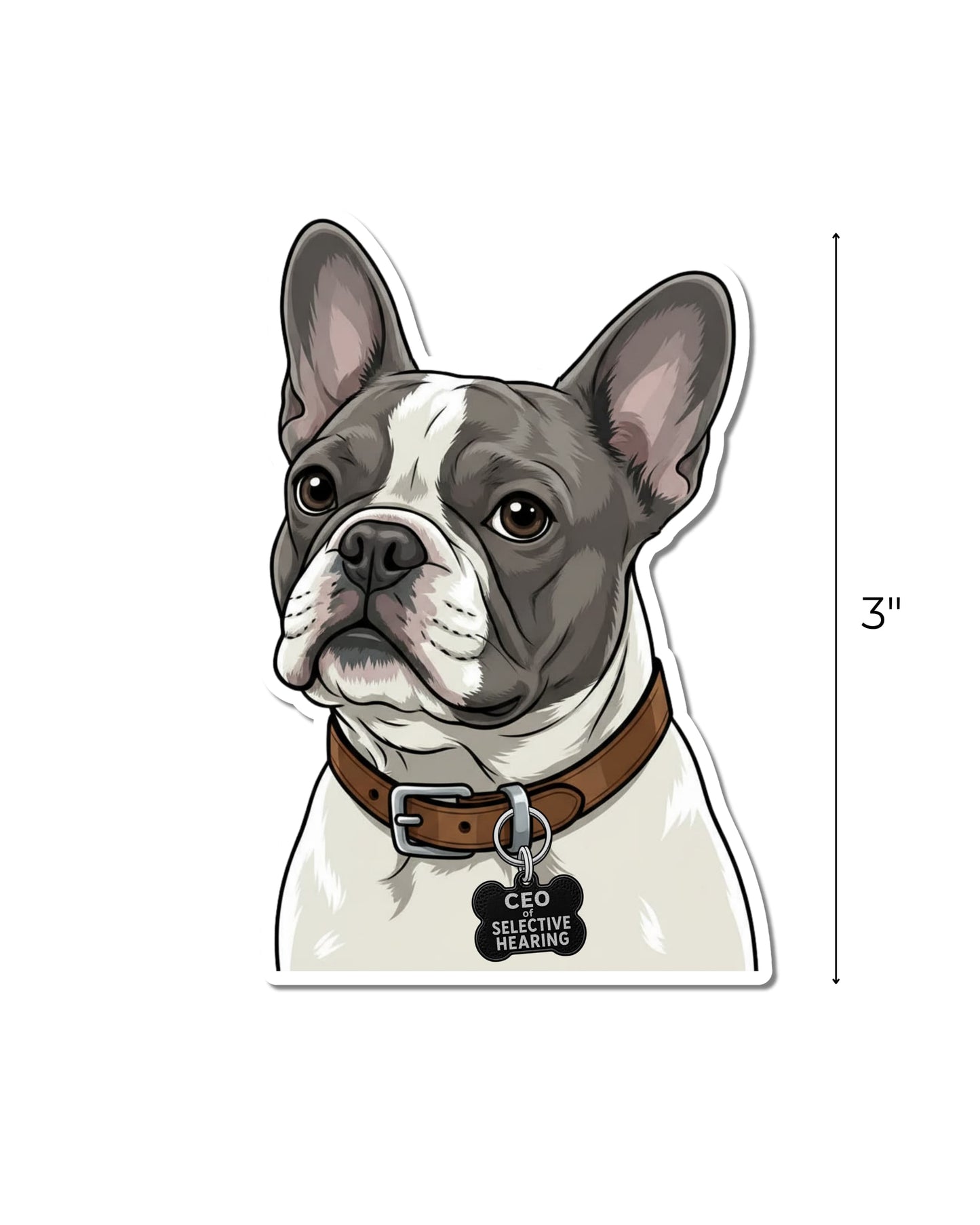 Blue pied French Bulldog waterproof vinyl sticker with CEO of Selective Hearing collar tag, 3 inches tall.