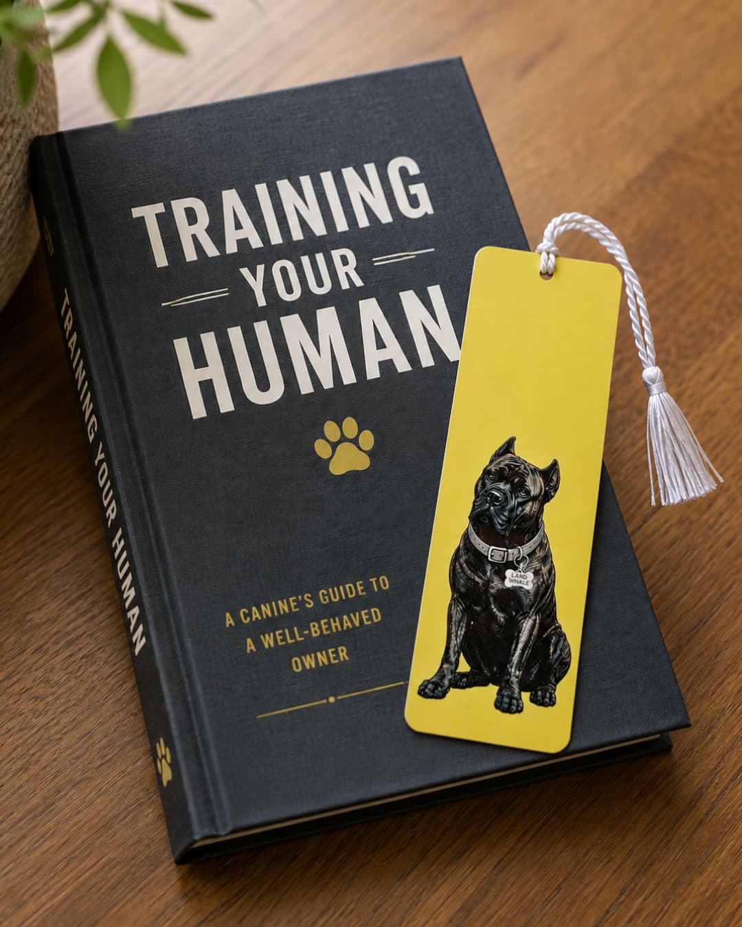 Brindle Cane Corso bookmark resting on Training Your Human book, golden yellow aluminum, Land Whale collar tag, white tassel