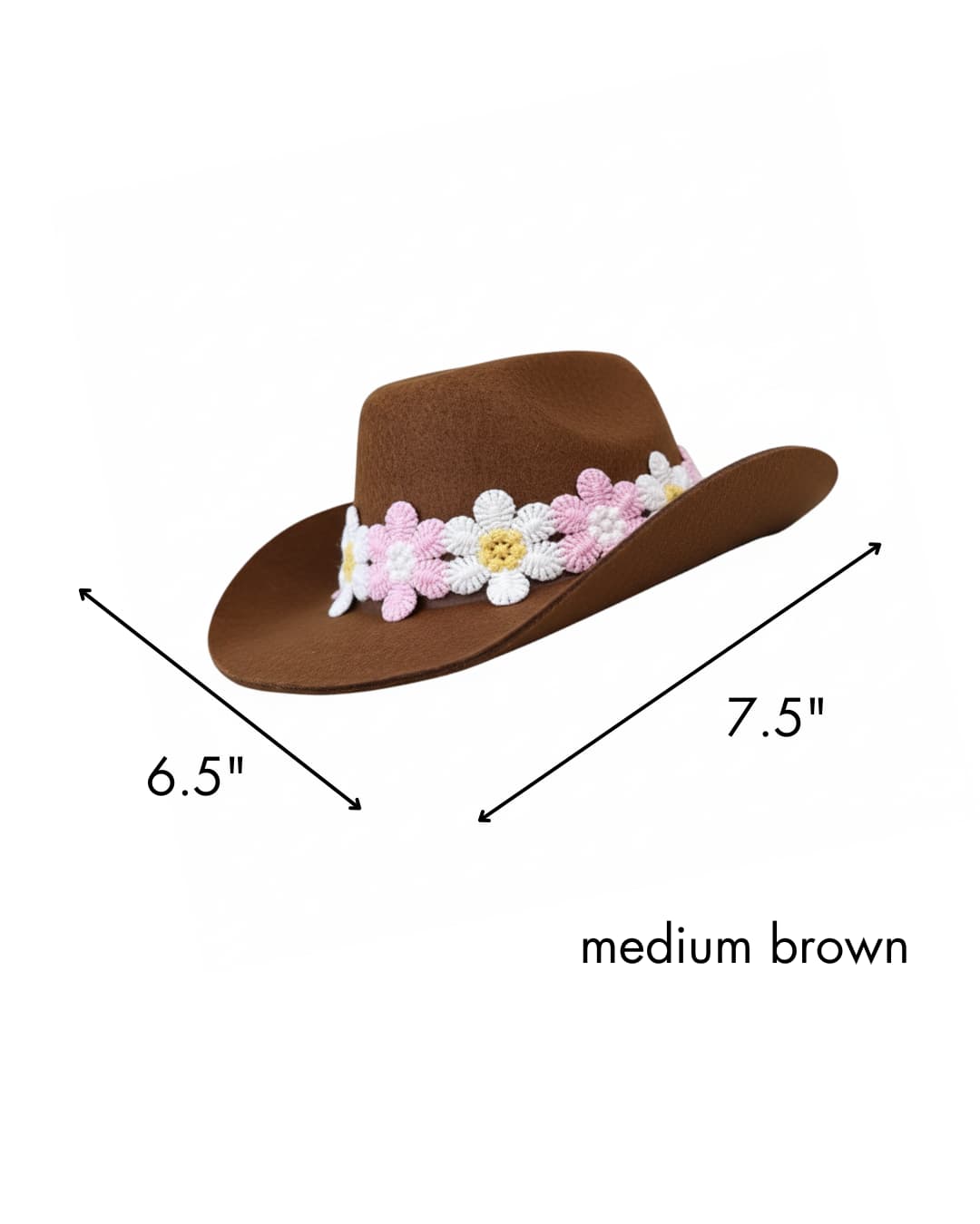 Brown floral daisy cowboy hat for dogs with floral band and measurements on a white background