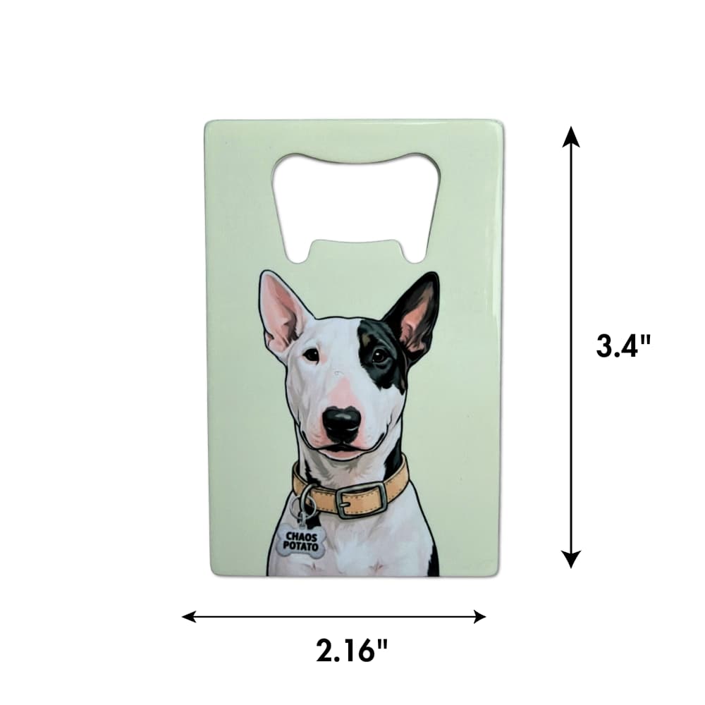 bull terrier bottle opener: flat rectanglular bottle opener (pale yellow green background color) with illustrated of dog. Arrows showing dimensions.