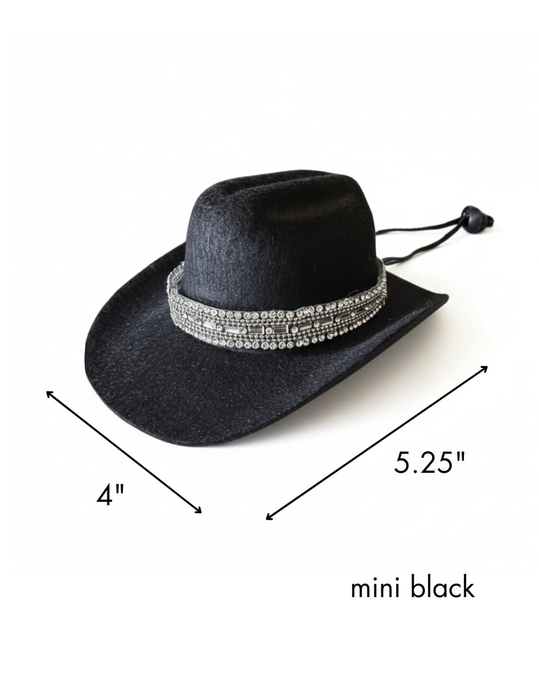 Cowboy hat for dogs black rhinestone; mini size dimensions 5.25 by 4 inches, white background