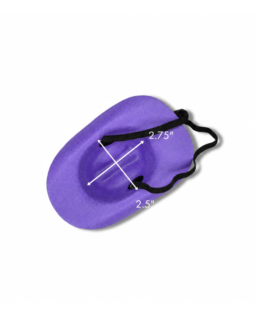 Purple mini dog cowboy hat with white daisy flowers and adjustable chin strap, flat lay view