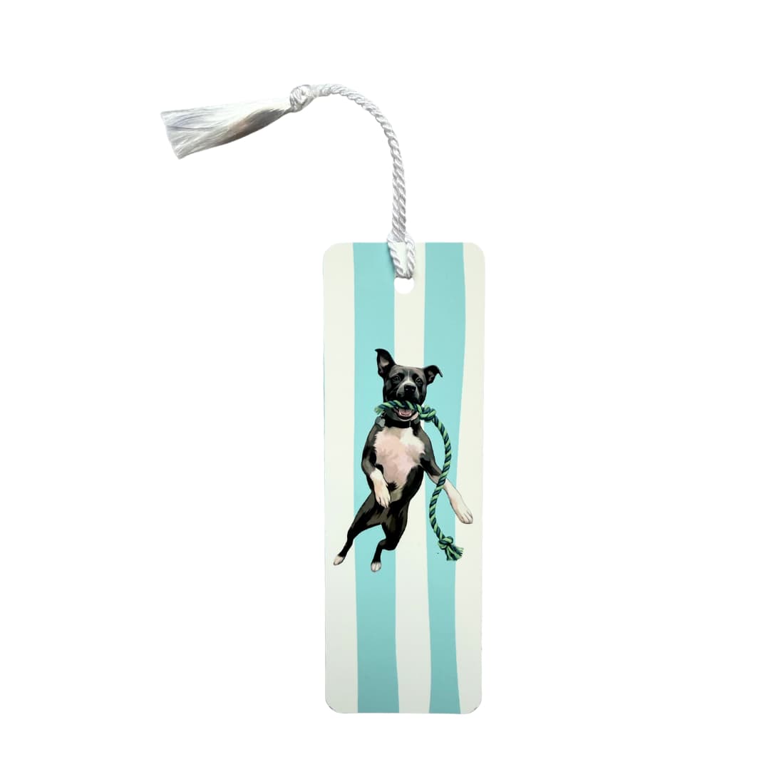 Custom pet bookmark featuring an illustrated Pit Bull with rope toy on teal stripes with white tassel