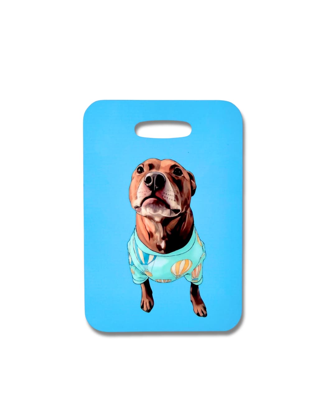 Brown pit bull in a teal shirt on a blue custom pet illustration glossy bag tag by Sly Dawg Studio