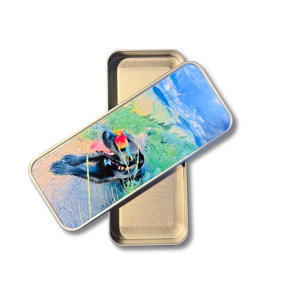 Custom Pet Photo Storage Tin with a photo of dog wearing sports glasses on a mountain. Organizer case is shown open with lid across the top sideways so you can see inside.