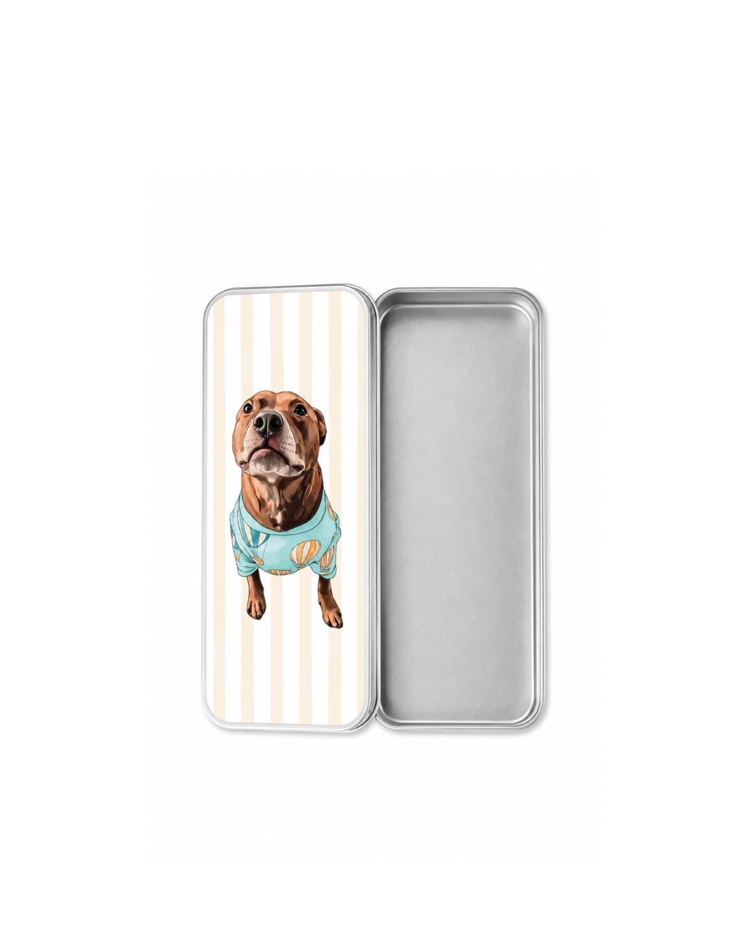 Custom pet photo storage tin open showing interior, featuring illustrated pit bull influencer (@jjustopiethings) in teal shirt, personalized pen and small tool organizer by Sly Dawg Studio