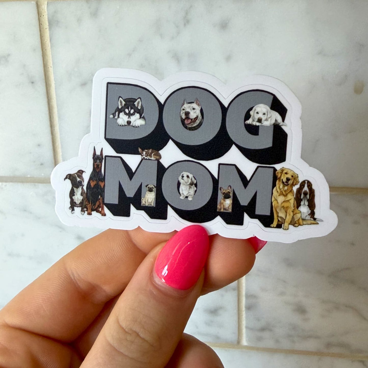 cute dog mom water bottle sticker held up showing 2.5 inch size - Dog Mom multi-breed waterproof matte vinyl kiss-cut deca