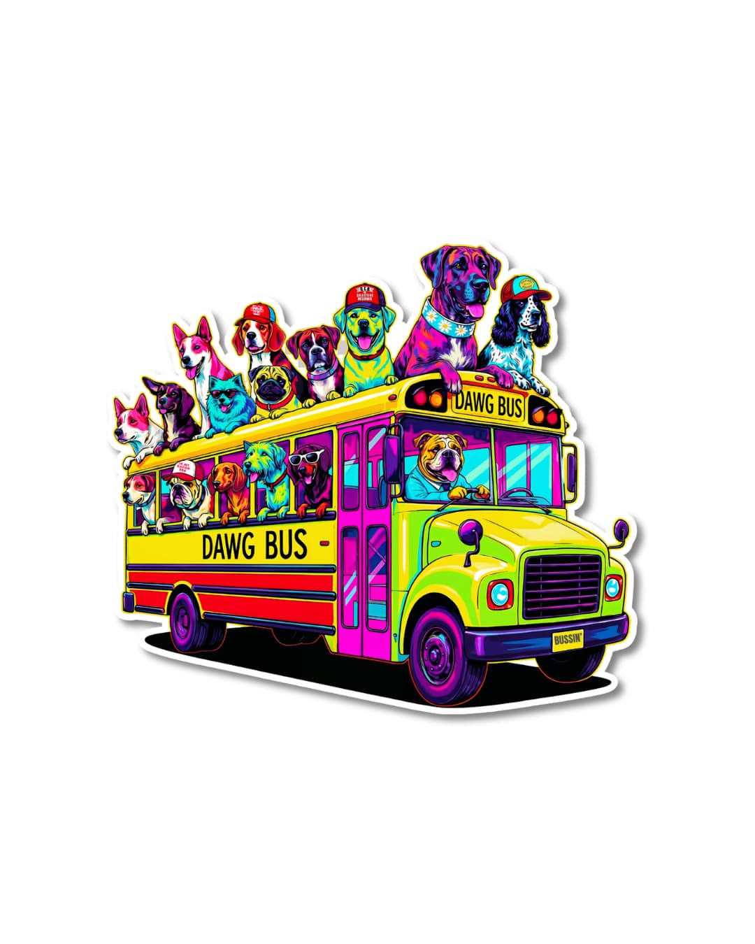 dog bus sticker funny dog daycare dog humor multiple dogs riding in colorful bus illustration