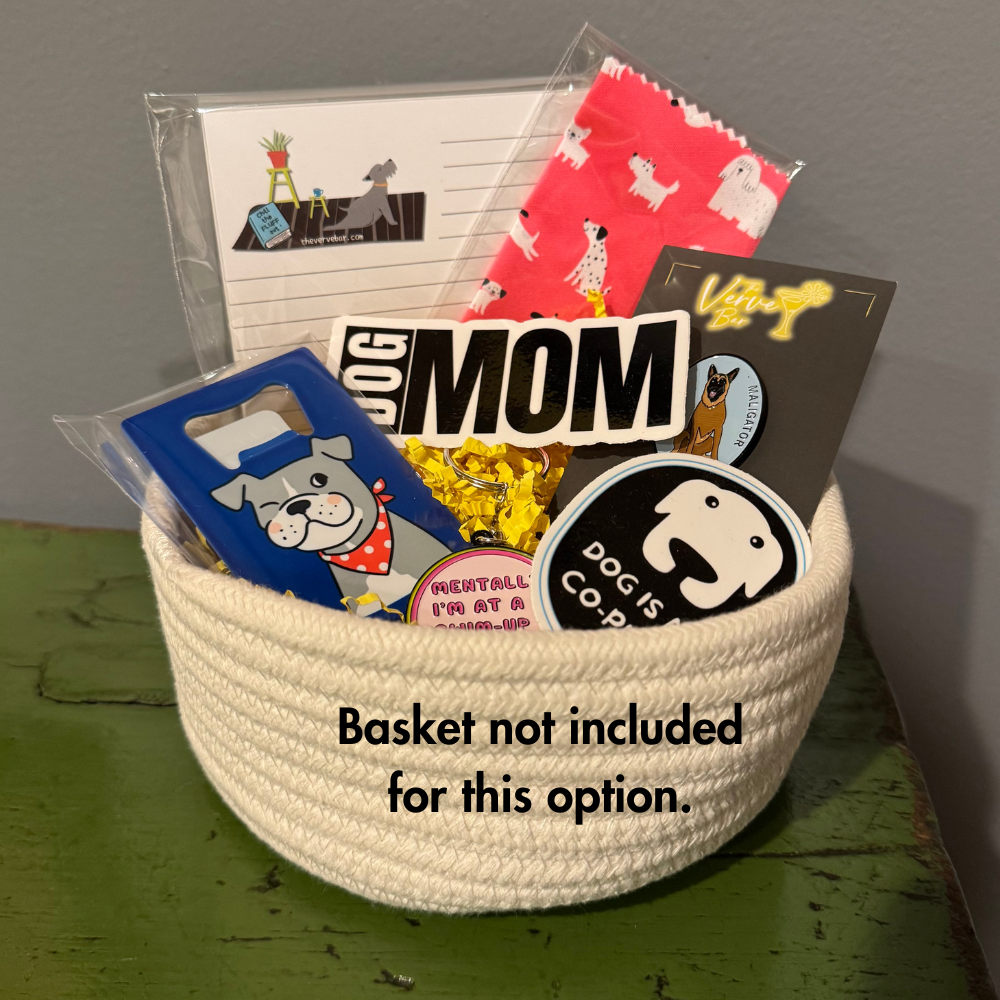 Dog mom gift box without rope basket, includes dog-themed gifts like keychains and stickers