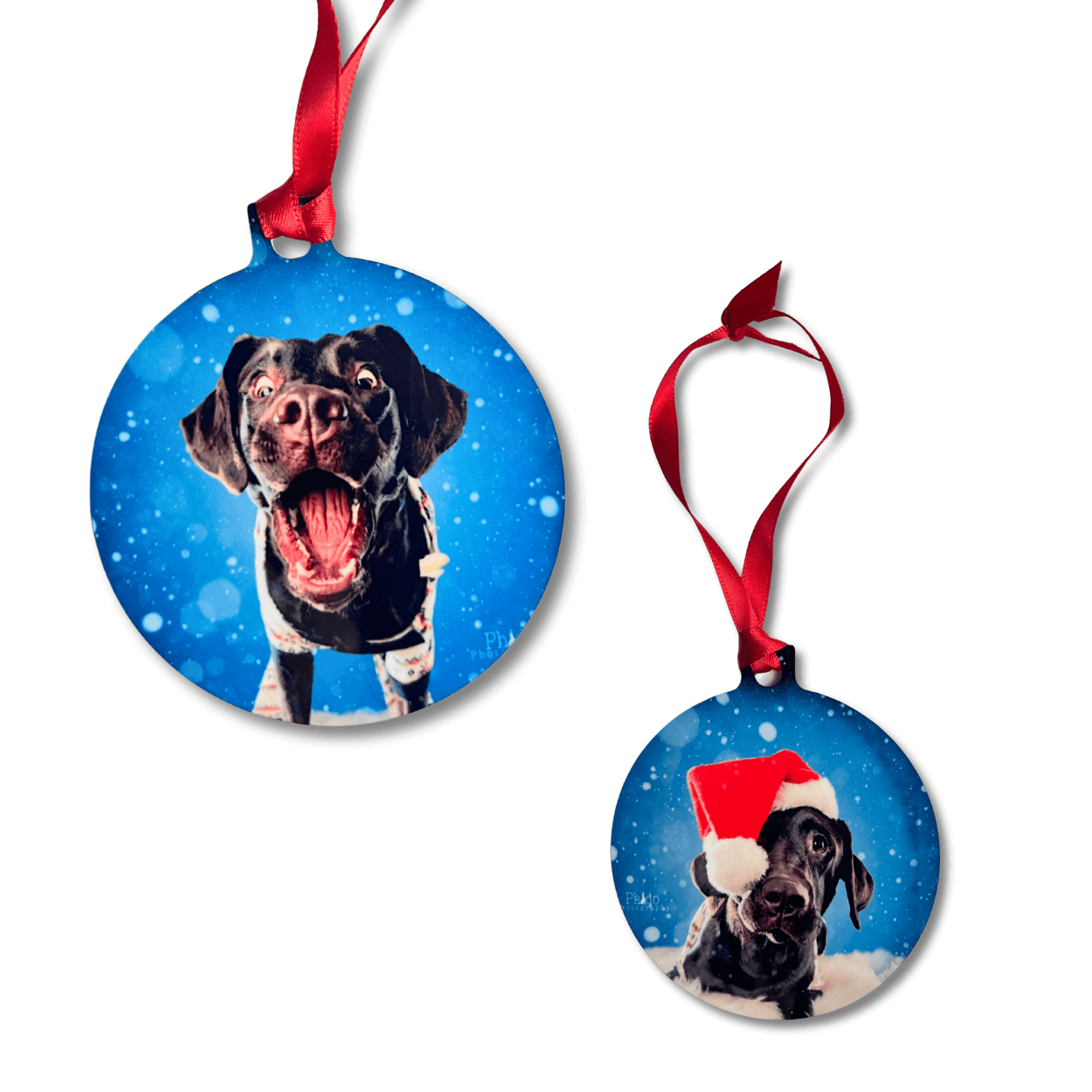 Two custom pet Christmas ornaments featuring a dog on a blue background with snowflakes.