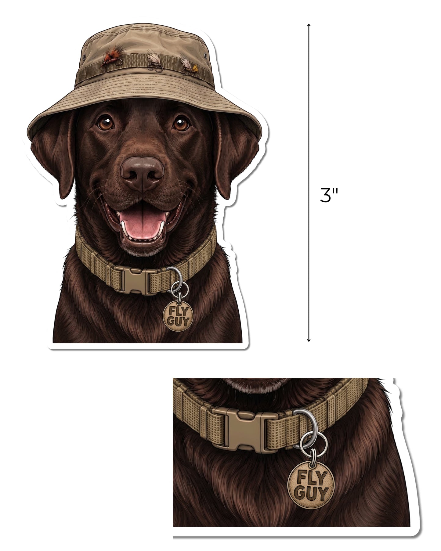 Chocolate Lab fishing sticker dimensions showing 3-inch waterproof matte kiss cut with Fly Guy collar tag and fishing hat.