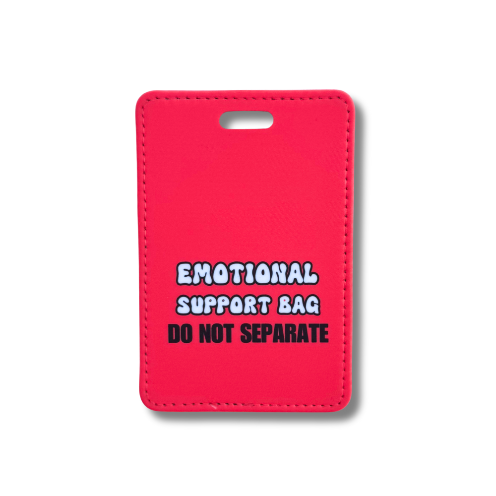 Bright red faux leather luggage tag with "Emotional Support Bag â Do Not Separate" in bold text, perfect for travelers who rely on their carry-ons.