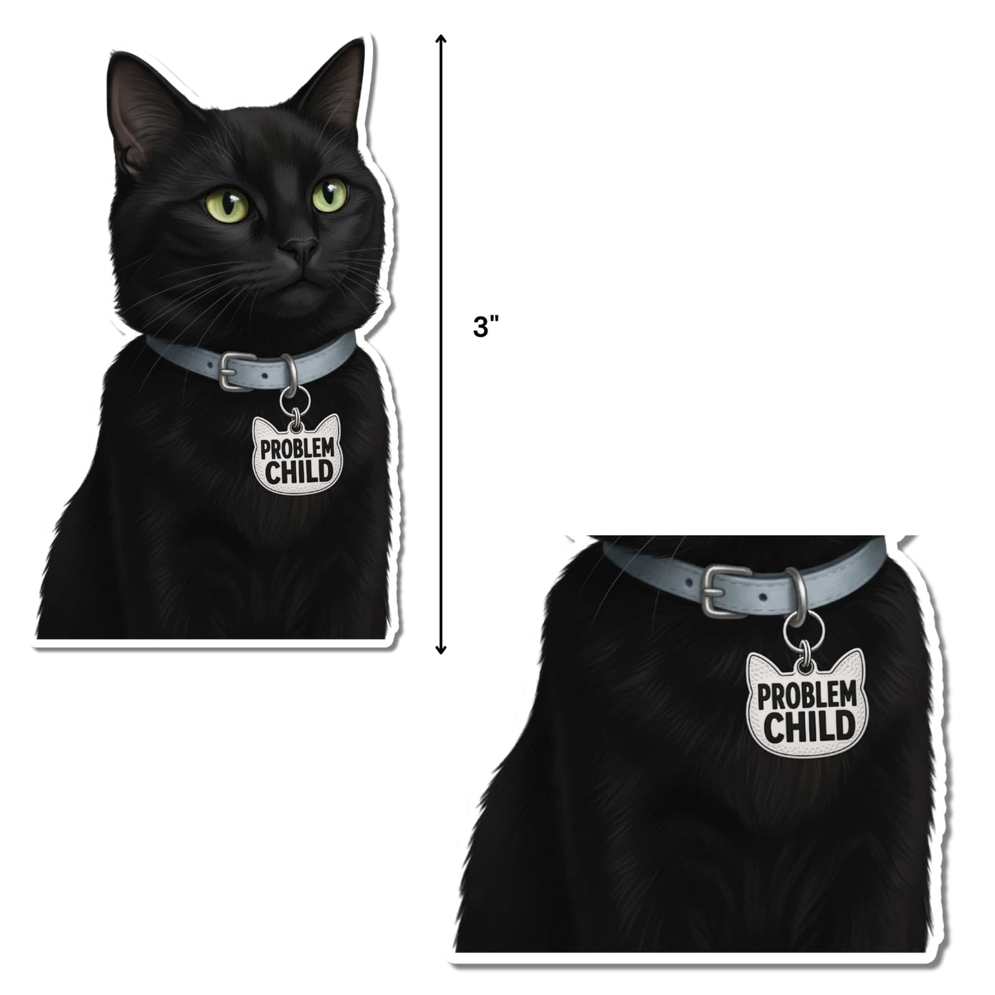 Funny black cat water bottle sticker size reference, 3 inches tall, sleek black cat with green eyes and cat-head-shaped Problem Child charm, white background.