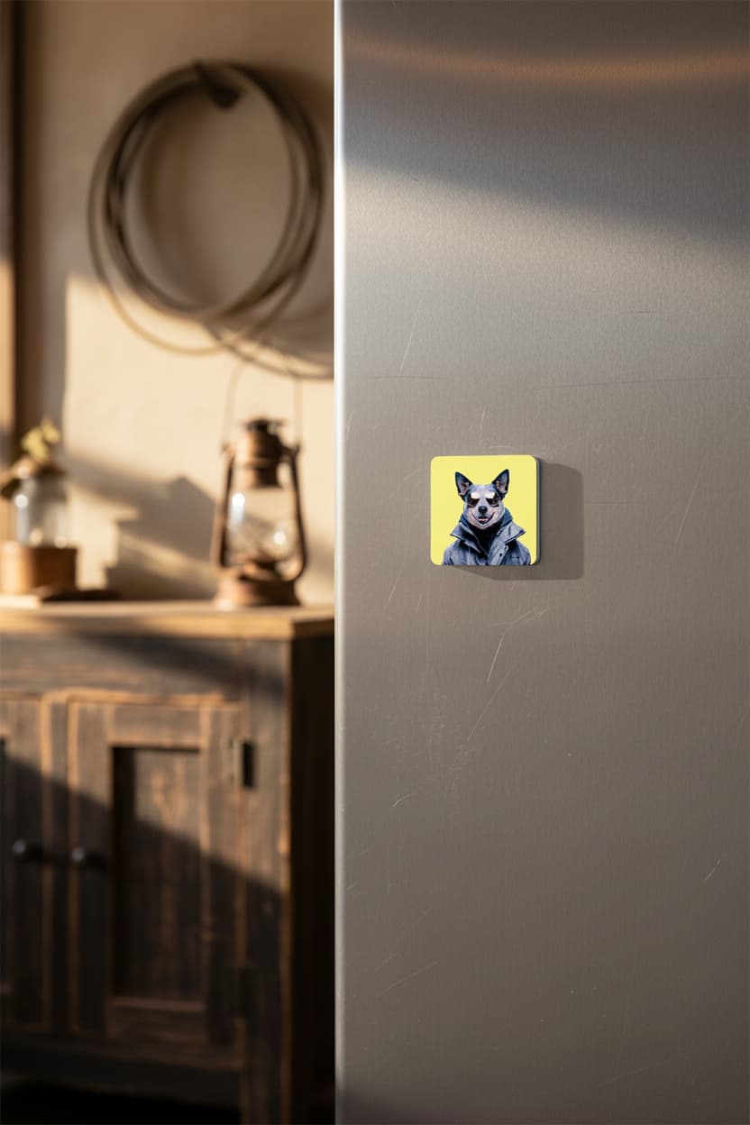 Funny cattle dog magnet on metal surface in rustic ranch setting - cool blue heeler wearing sunglasses and jacket refrigerator magnet home decor