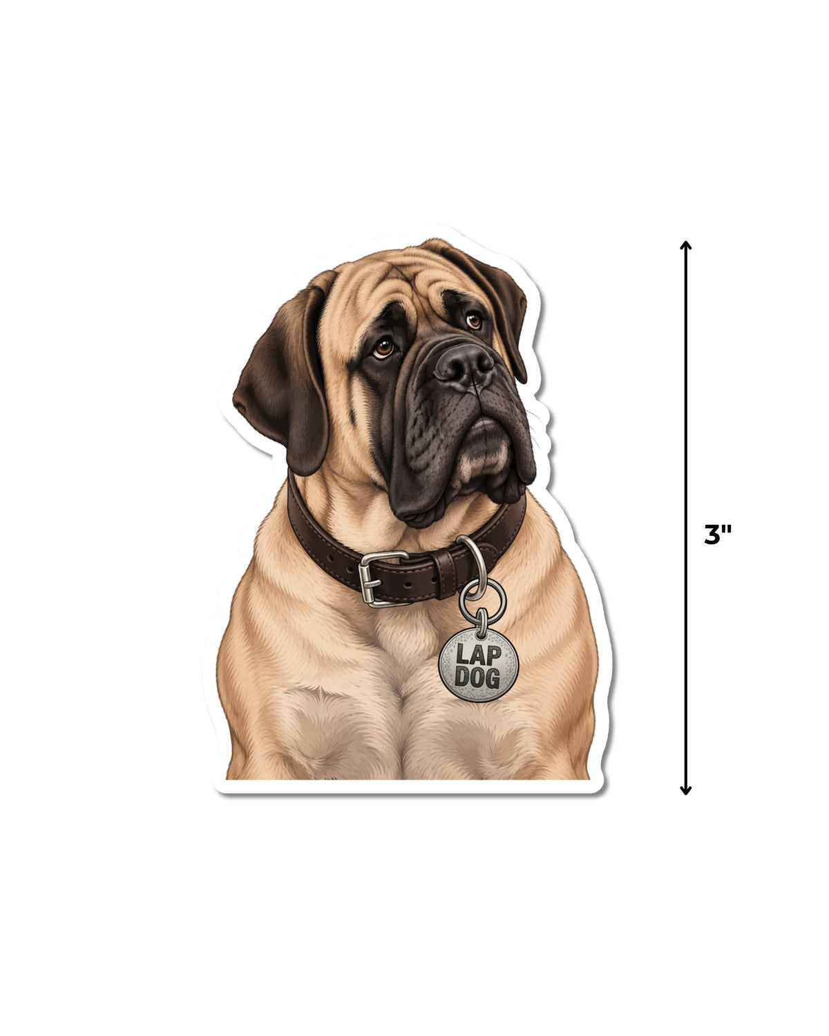 Funny English Mastiff sticker next to a measurement line showing its 3 inch size