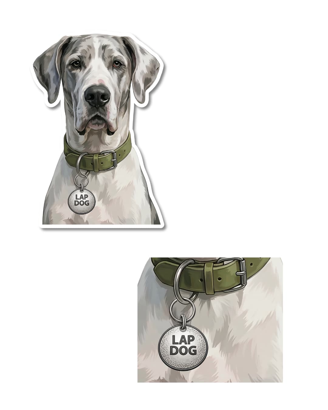 funny great dane sticker close up of lap dog tag on harlequin great dane matte vinyl decal