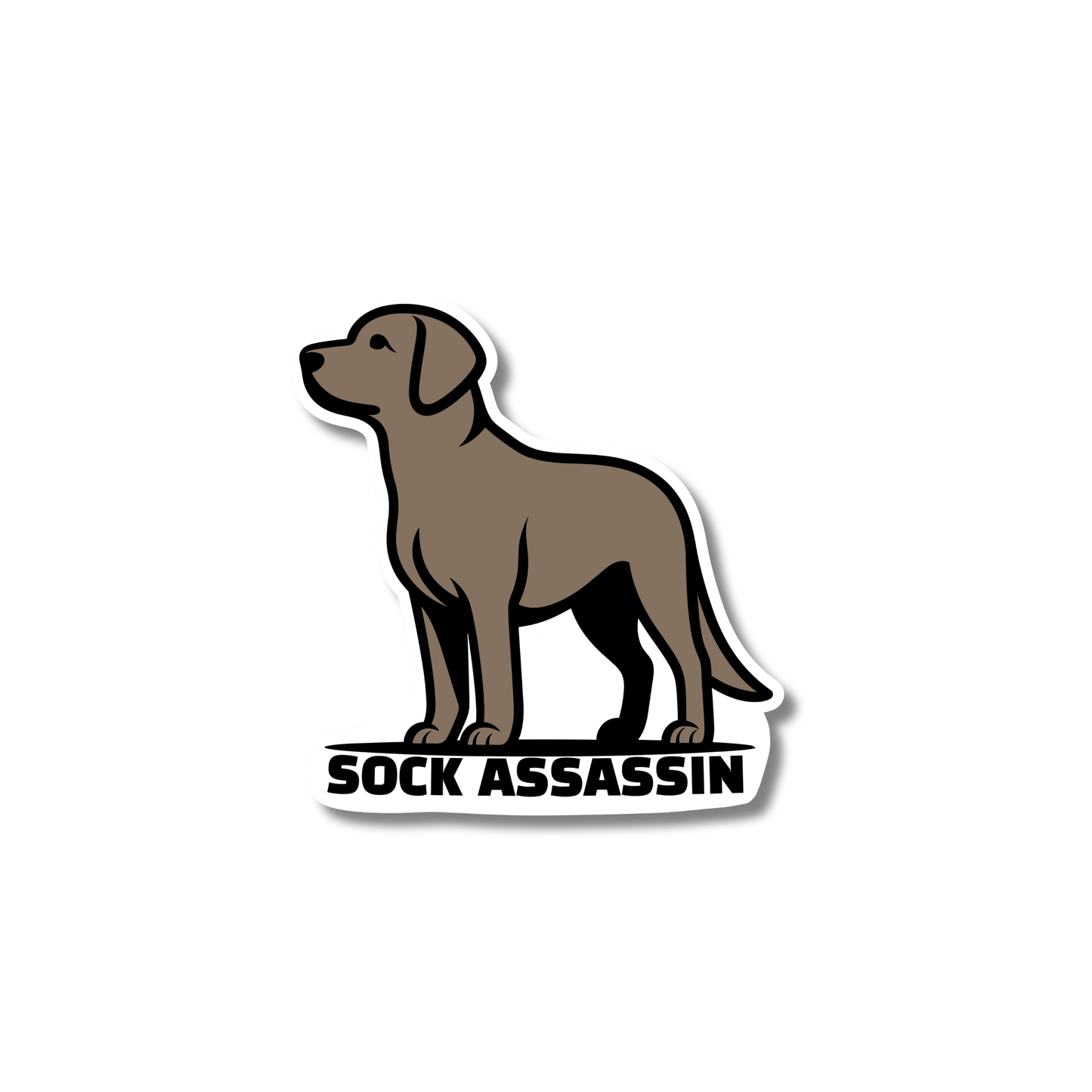 Vinyl sticker of a chocolate Labrador retriever with the phrase âSock Assassinâ beneath it in bold black text.
