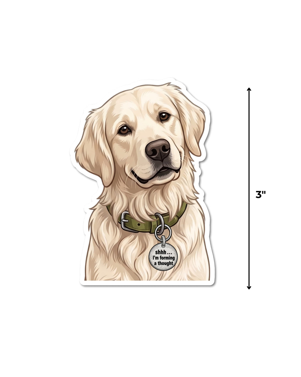 Golden retriever dog sticker next to a measurement line showing its 3 inch size