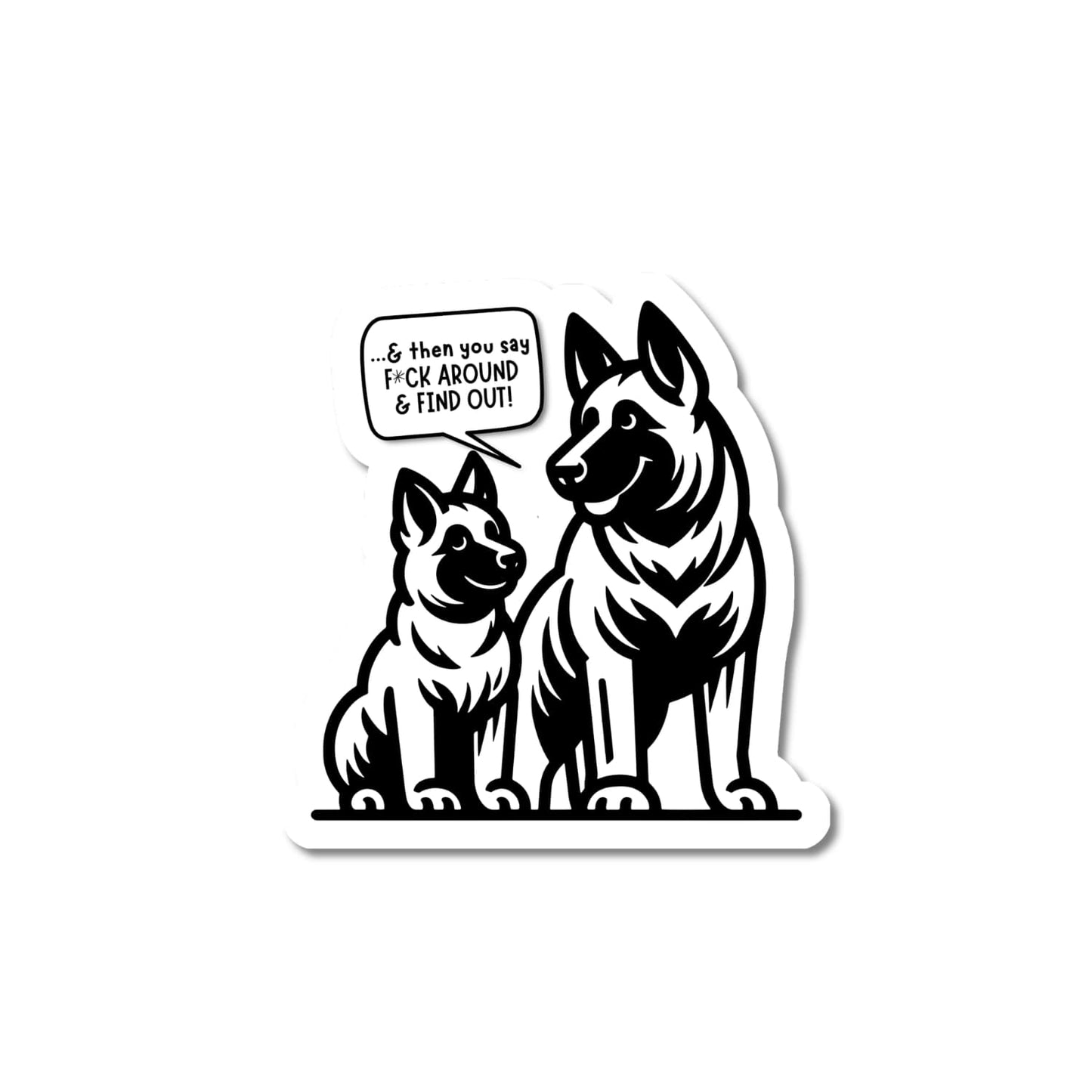 GSD Sticker; black and white German Shepherd black drawing dogs talking to each other with thought bubble