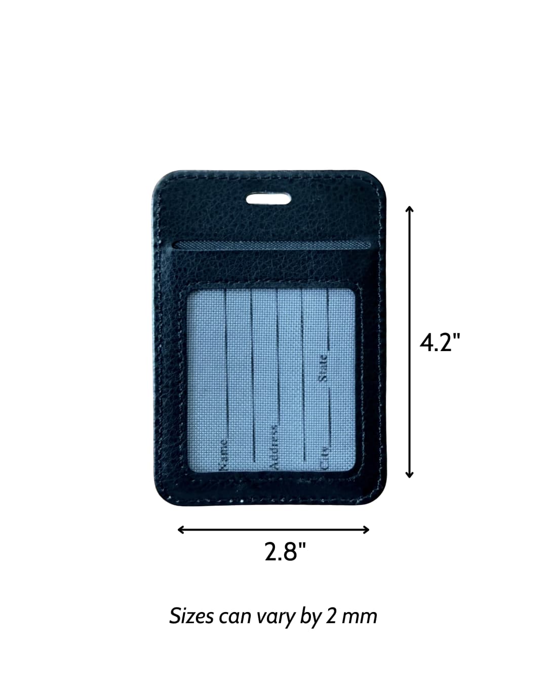 Luggage tag back view showing black mesh ID pocket with contact card fields, faux leather construction, 4.2 by 2.8 inches. Sizes can vary by 2mm.