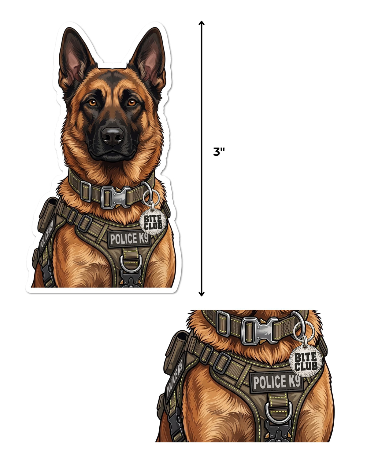 Police K9 sticker featuring a tan and black working dog beside a 3-inch height guide, with a close-up below of its olive green “POLICE K9” harness and round silver collar charm reading “BITE CLUB,” on white.