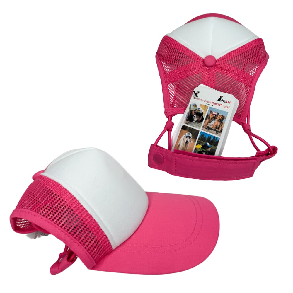 Funny dog trucker hat fit detail; underside view of hot pink Pup Lids dog trucker hat showing adjustable velcro chin strap and side straps.
