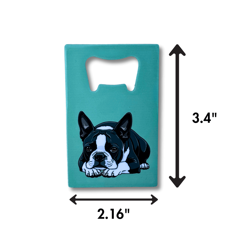 Boston Terrier bottle opener shown with dimensions, measuring approximately 3.35 inches tall and 2.09 inches wide.