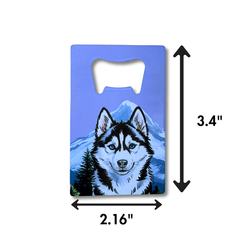 measurements shown for: Husky bottle opener; dog in front of mountain with lavender sky on white background