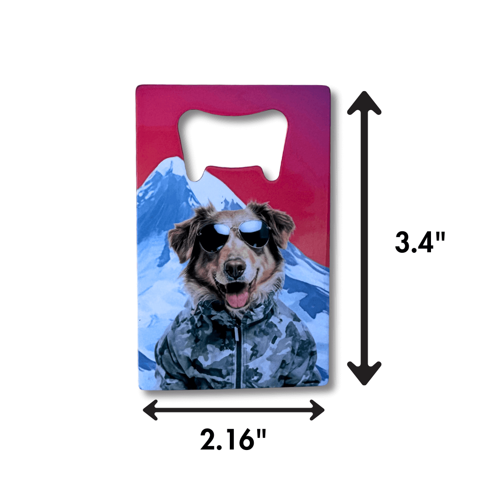 size measurements for Dog Bottle Opener for Outdoor Adventures featuring mixed breed dog wearing grey camo jacket. Mountain behind dog. Red sunset sky.