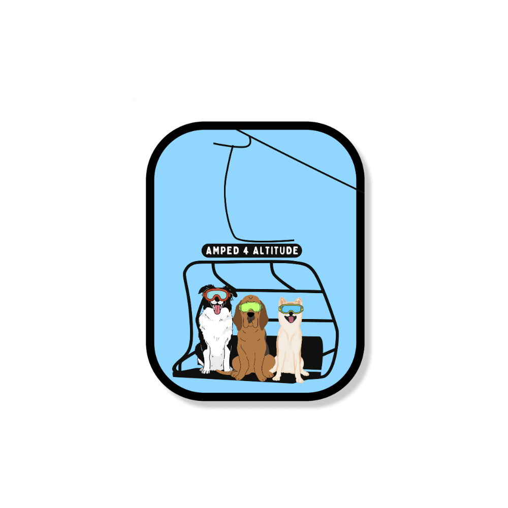 Ski dog chairlift stickers: Three dogs wearing goggles sitting on a ski lift, featuring a golden retriever, a black lab, and a brown dog, matte vinyl finish on a white background.