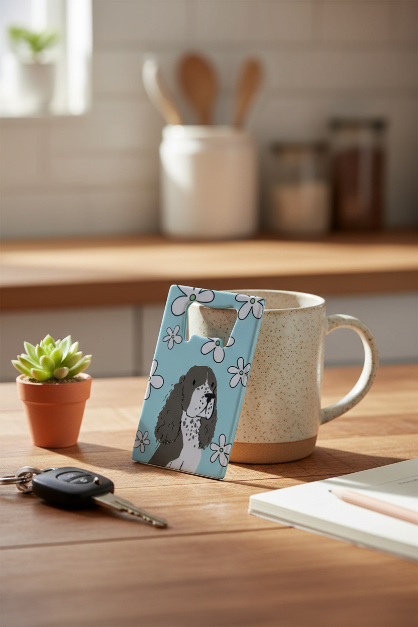 Spaniel bottle opener lifestyle image. Flat light blue floral bottle opener leaning against coffee mug in a kitchen.