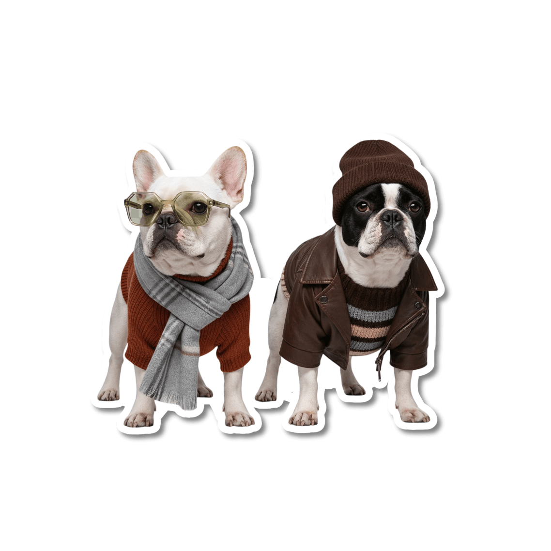 stylish-frenchie-winter-sticker; 2 French Bulldogs in high-fashion winter clothes; one in a leather biker jacket and beanie, the other in an orange sweater and scarf