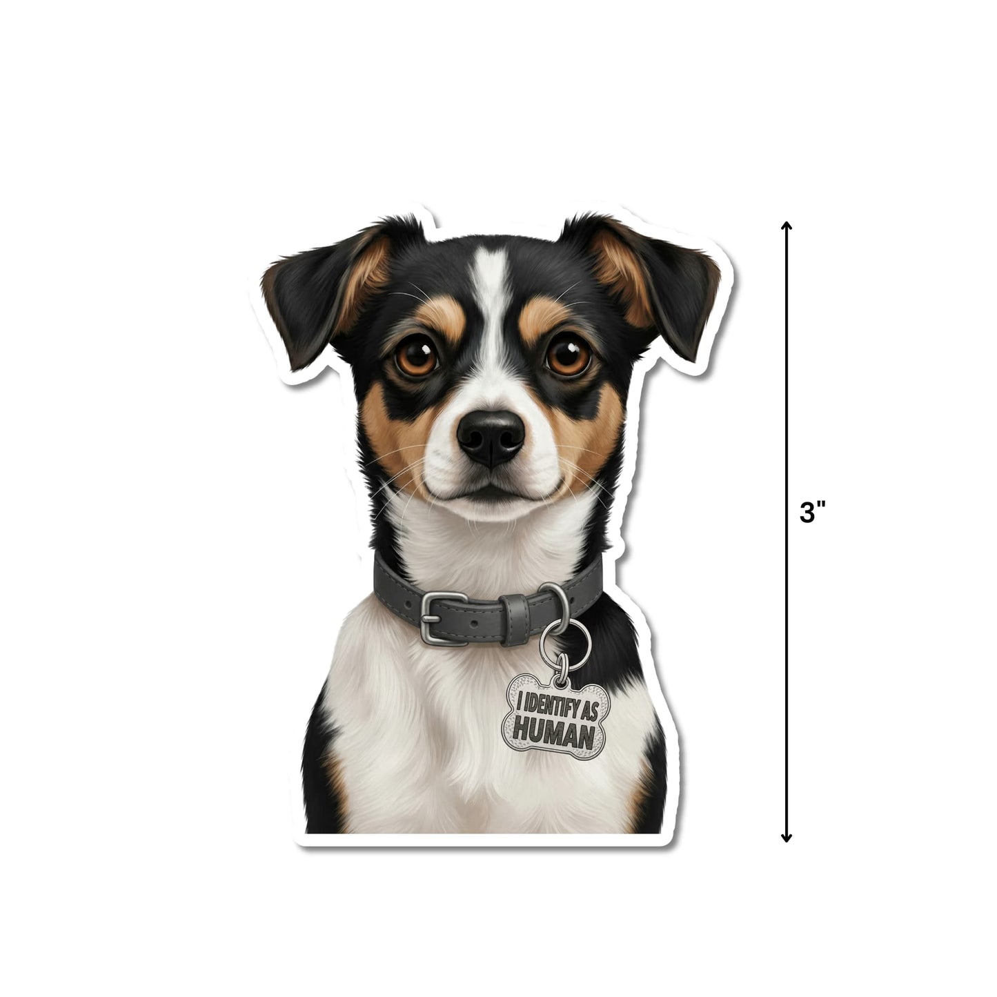 Tri color terrier mix sticker with 3-inch height measurement shown.