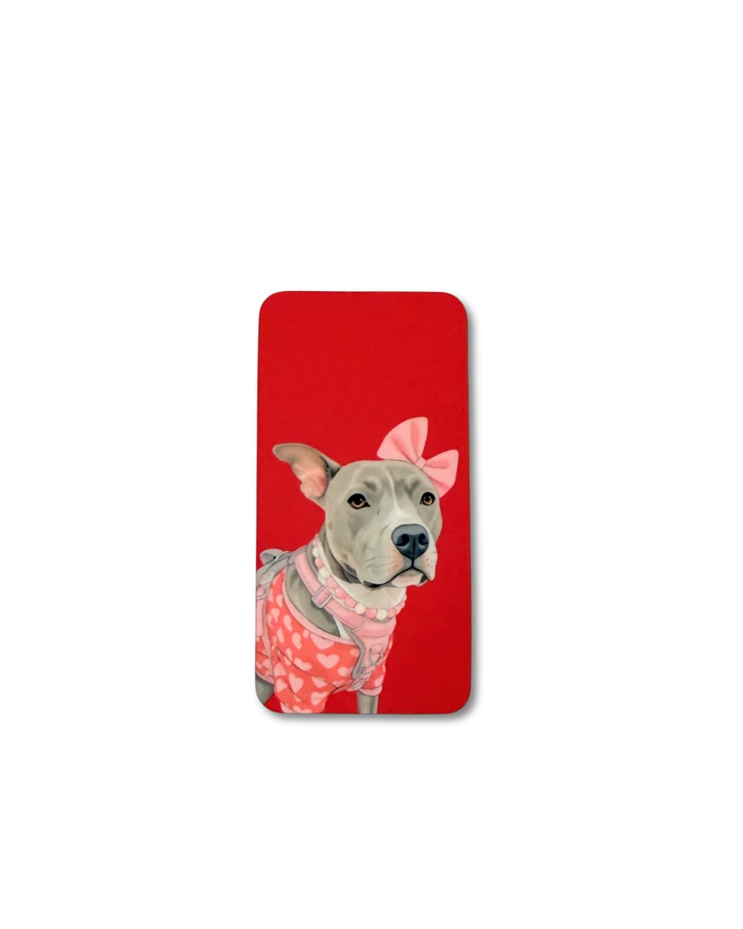 ray pit bull in a pink heart outfit with bow on a red custom pet illustration magnet by Sly Dawg Studio