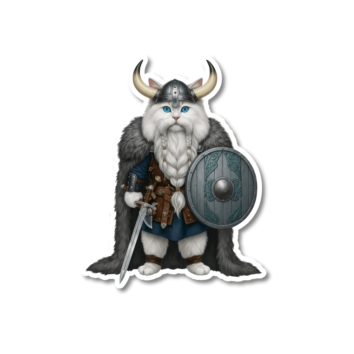 Viking cat vinyl sticker; white long-haired cat dressed as a Viking warrior wearing a horned helmet, fur cloak, holding a sword and round shield
