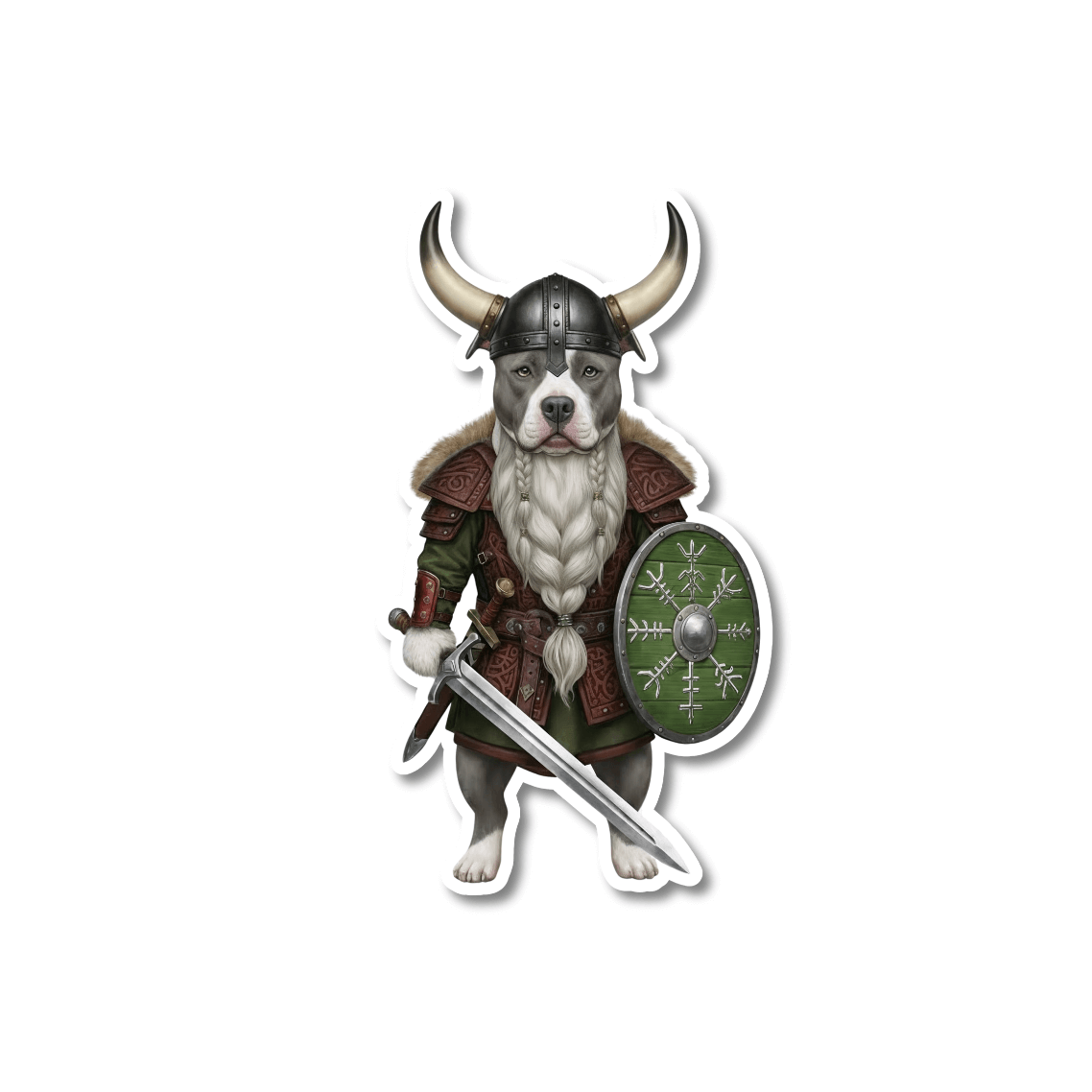 Viking pit bull sticker; bully breed dog in a horned helmet with shield and sword