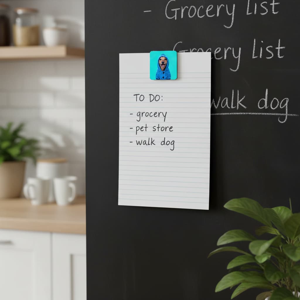 Noteboard with a to-do list attached to a refrigerator in a kitchen setting. To-do list held up by cute dachshund fridge magnet.