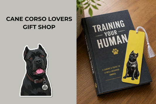 Cover image for Cane Corso sticker and gift blog by Sly Dawg Studio; image of black corso sticker and a hardcover book with a yellow cane corsobookmark on it.