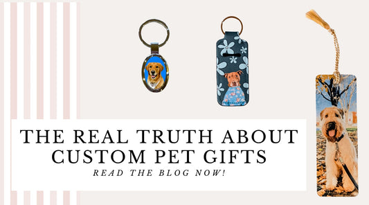 A selection of custom gifts with dog face designs, including a photo keychain, a chapstick holder, and a pet portrait bookmark with a gold tassel, displayed on a striped boutique-style background.