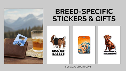 Breed specific dog stickers and gifts including water bottle sticker, luggage tag and funny dog designs