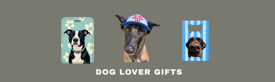 dog lover gifts blog cover - gray rectangle background with custom teal luggage tag featuring a black and white pit bull, funny bacon trucker hat for dogs on a Belgian Malinois and a custom bottle opener with a chocolate labrador