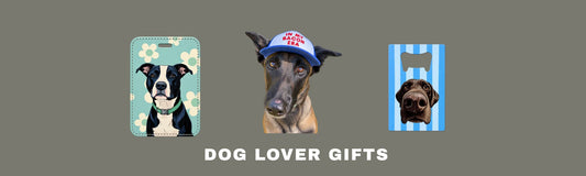 dog lover gifts blog cover - gray rectangle background with custom teal luggage tag featuring a black and white pit bull, funny bacon trucker hat for dogs on a Belgian Malinois and a custom bottle opener with a chocolate labrador