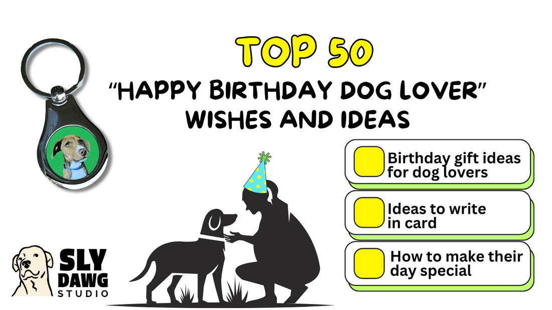 Title "happy birthday dog lover wishes and idea" with silhouette of woman wearing a party hat with dog, a custom dog keychain, and a checklist of what the article covers