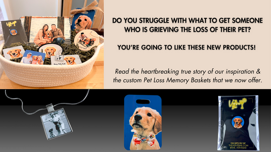Dog Sympathy Gift Basket shown with custom photo products shown; pendant, luggage tag, lapel pin, slate plaque