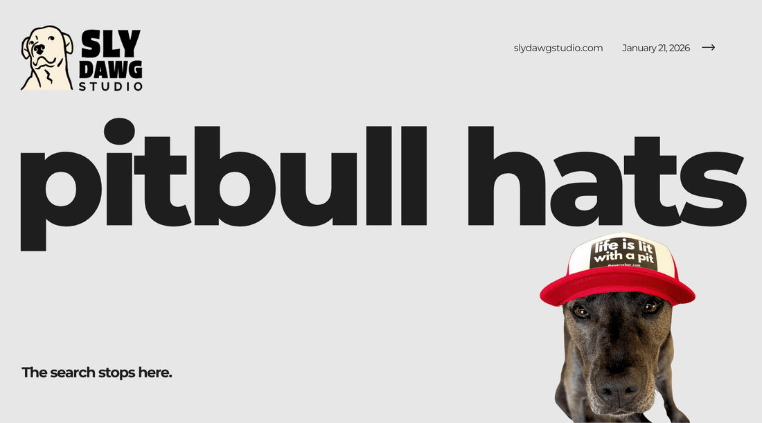 Pitbull wearing a red and white Life Is Lit with a Pit trucker hat beneath bold “pitbull hats” text and the Sly Dawg Studio logo.