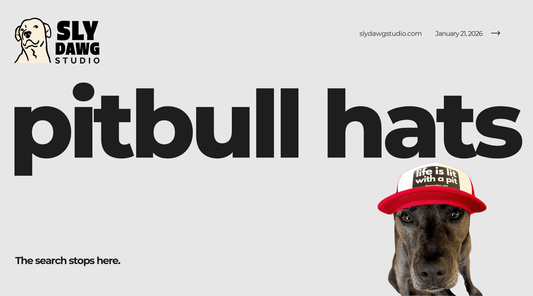 Pitbull wearing a red and white Life Is Lit with a Pit trucker hat beneath bold “pitbull hats” text and the Sly Dawg Studio logo.